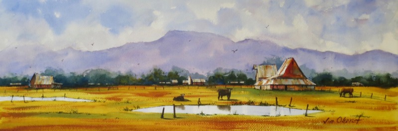 landscape, west, farm, ranch, barn, cattle, horse, pond, watercolor, painting, oberst